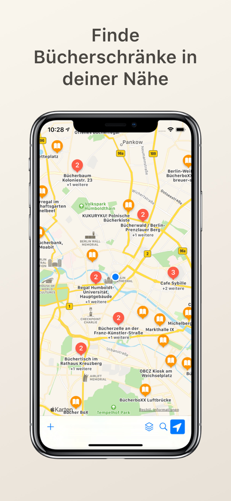 Public Bookshelf - 公共の本の交換ボックスの場所を示す都市のPublic Bookshelfアプリマップ画面