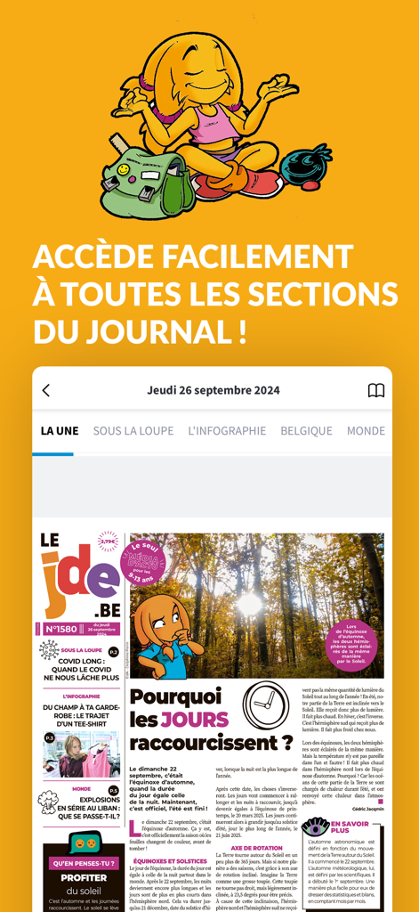 Mobile interface of Le JDE news app for children showing navigation tabs and a French news article about why days get shorter.