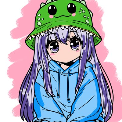 girl with anime shaped eyes with a dinosaur bucket hat oversized sweatshirt long straight hair