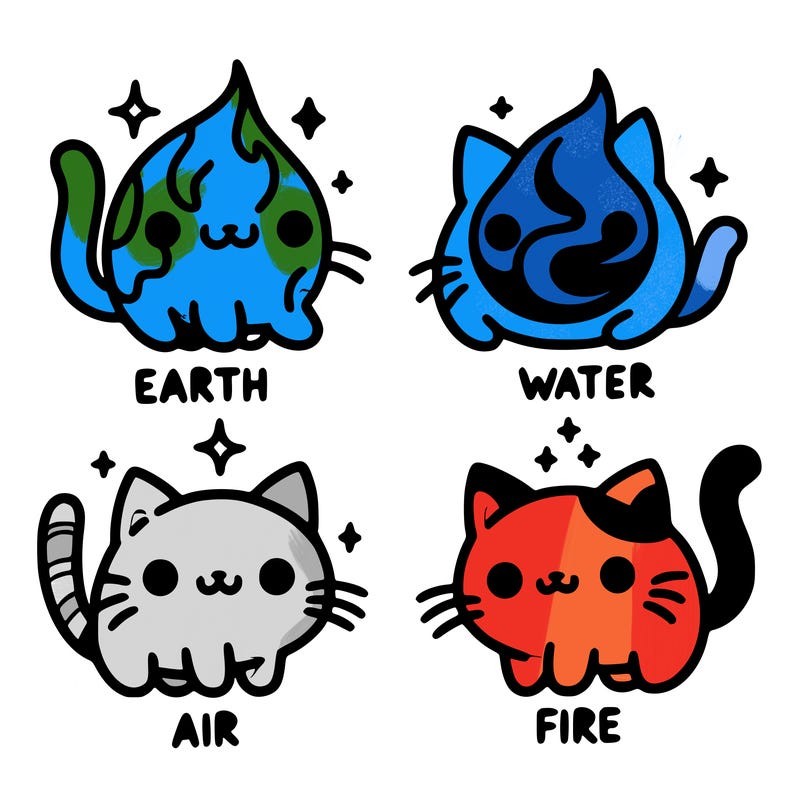 4 cats that represent the different elements, earth, water, air, and fire