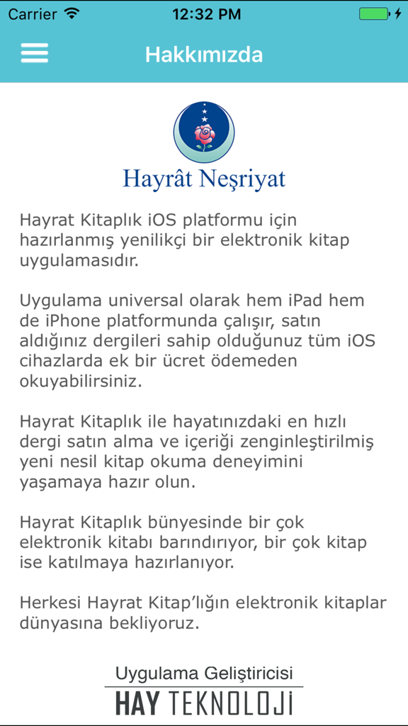 하이라트 서재 앱의 정보 화면. 출판사 정보와 터키어로 된 앱 기능이 표시됩니다.