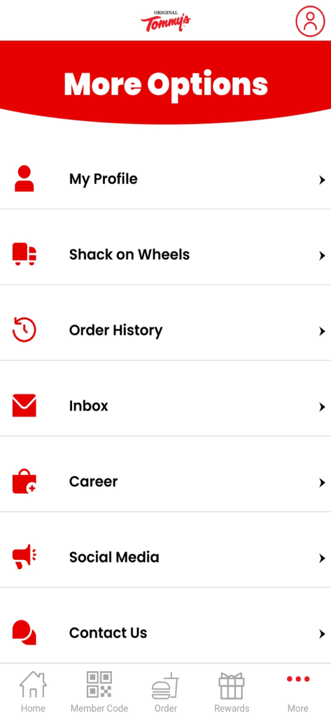 Original Tommy's - La pantalla del menú Más Opciones en la app móvil Original Tommy's con enlaces de perfil, historial de pedidos y contacto.