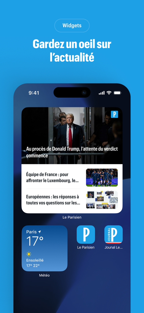 Le Parisien news app widgets on an iPhone home screen showing news headlines and Paris weather