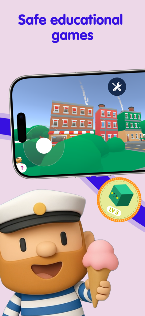 Fiete PlaySchool for kids 5+ - Character Fiete holding an ice cream next to a smartphone showing a safe educational game