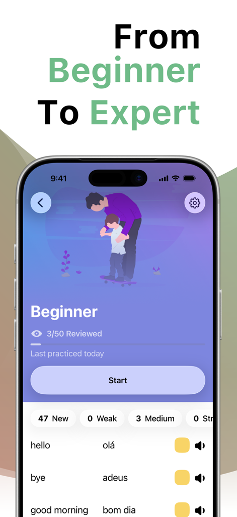 LENGOアプリのインターフェース、初級レベルのポルトガル語の語彙レッスンと進捗状況の追跡を表示