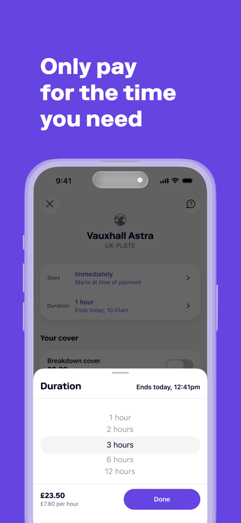 Cuvva - Interface da app Cuvva mostrando a seleção de uma apólice de seguro automóvel temporário de três horas.