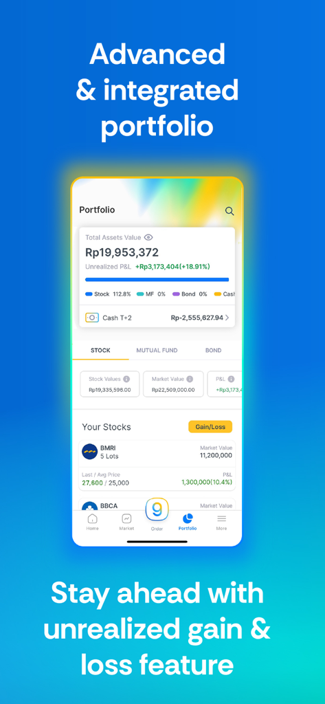 Portfolio screen of Growin app showing total asset value and unrealized profit and loss