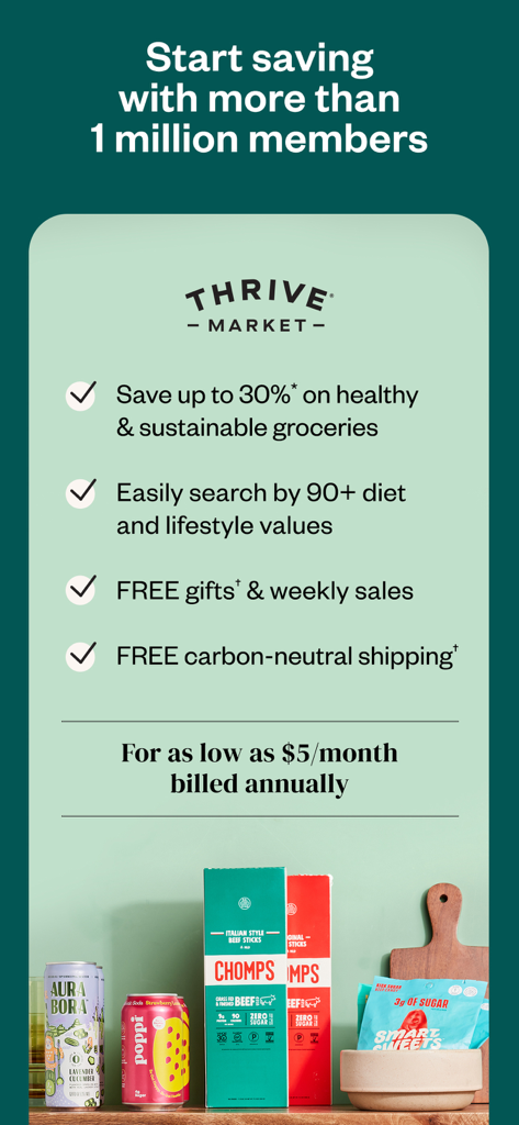 Thrive Market app membership benefits including savings on healthy groceries and diet filters