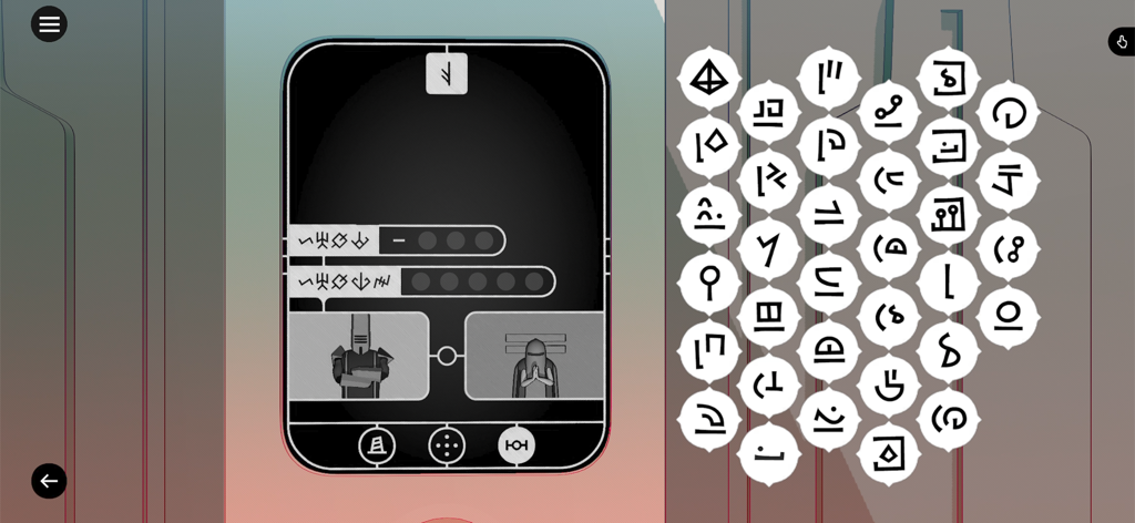 Chants of Sennaar - グリフを解読するためのグリッドとノートを備えた言語パズルを示すゲーム内インターフェース