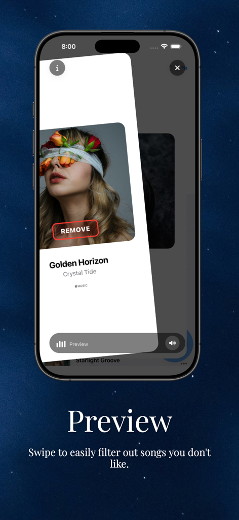 sono AI - Pantalla de smartphone mostrando la función de previsualización y filtro de canciones de sono AI.