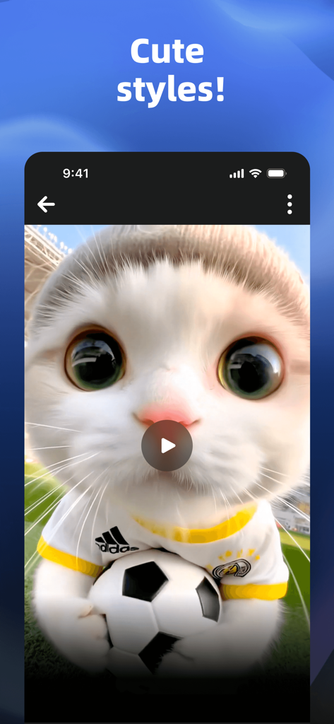 Dreamy - AI Video Generator - Eine Vorschau der Dreamy KI-App, die eine niedliche animierte Katze in einem Fußballtrikot zeigt, die einen Fußball hält, mit dem Text 'Cute styles'.
