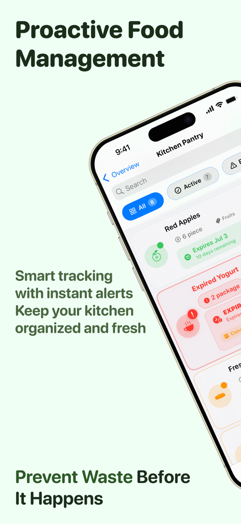 Mixova app screen showing a kitchen pantry inventory with expiration alerts for items like red apples and yogurt to prevent food waste.