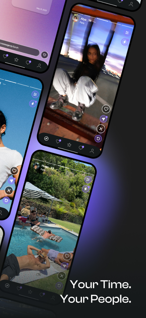 Captures d'écran de l'application de rencontres Feels montrant des profils d'utilisateurs basés sur des histoires et le slogan Votre temps, vos gens