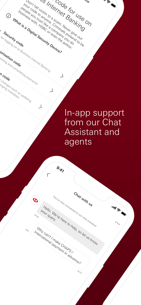 HSBC UK Business Banking - Pantallas de la aplicación HSBC UK Business Banking que muestran el asistente de chat de soporte en la aplicación y las funciones del dispositivo de seguridad digital