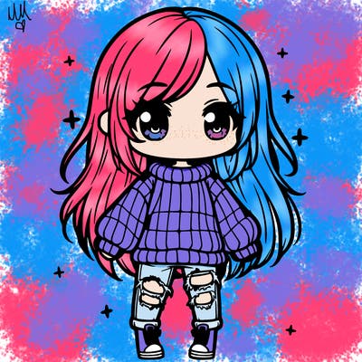 chibi girl with ripped jeans,long hair, and an oversized sweater