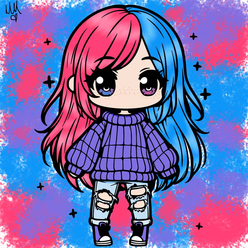 chibi girl with ripped jeans,long hair, and an oversized sweater