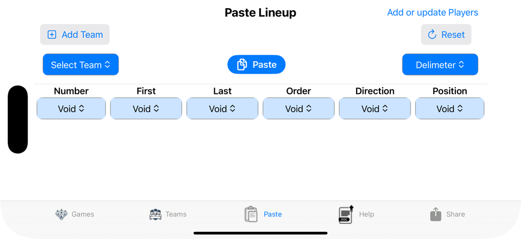 ScoreKeep - Baseball Scoring - Interface for importing and pasting baseball team lineups in the ScoreKeep app