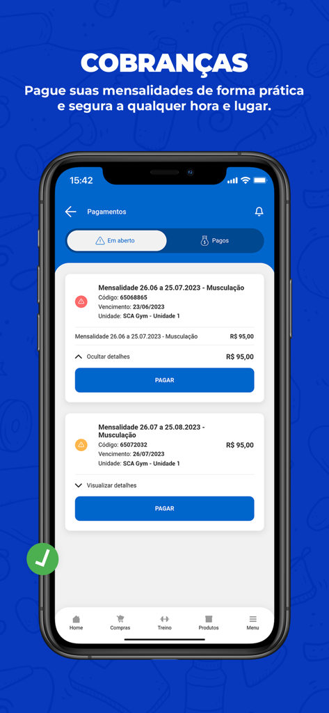 SCA Aluno mobile app interface showing gym membership billing and online payment options