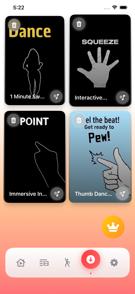 Immersive Interactive Workout - Mobile app screen showing a selection of interactive movement exercises including dance and hand exercises.