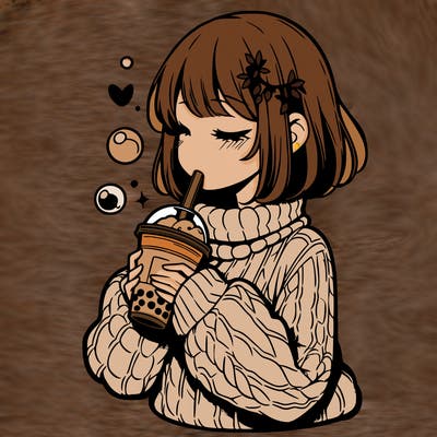 manga girl drinking boba in cozy sweater