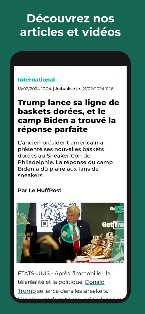 Le HuffPost - Interface de l'application mobile Le HuffPost affichant un article d'actualité en français