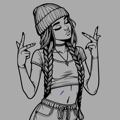 realistic teenage girl with braids and a beanie and crop top doing 🫶🏼