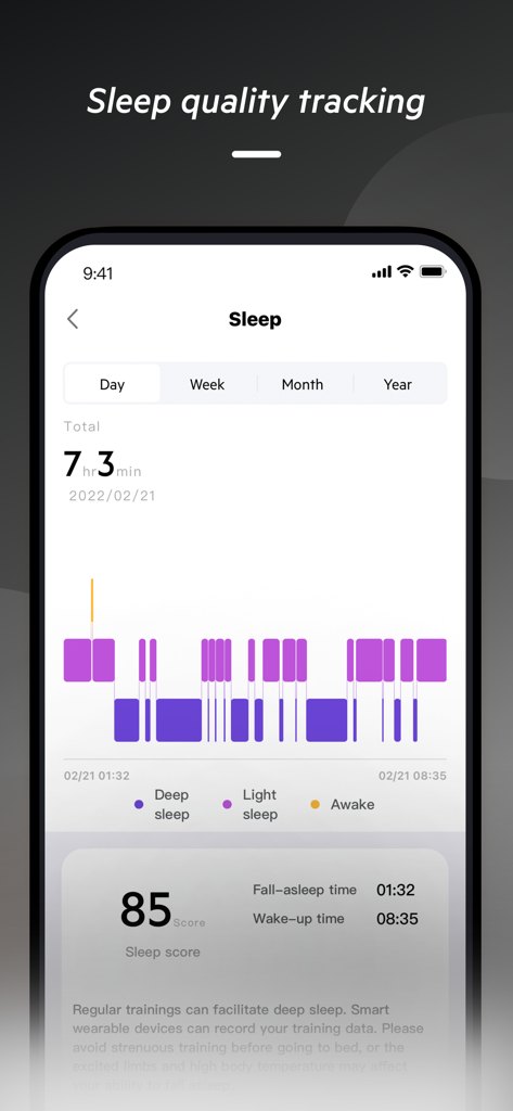 TOZO FIT - TOZO FIT app sleep quality tracking screen showing sleep score and sleep cycle stages