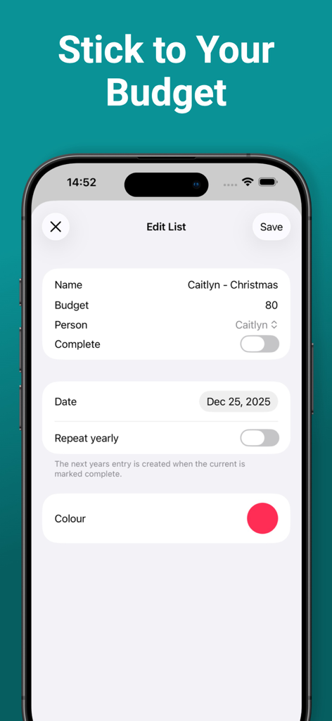 Tela do iPhone mostrando um editor de lista de presentes com configurações de orçamento e detalhes do destinatário para um aplicativo de rastreamento de Natal.