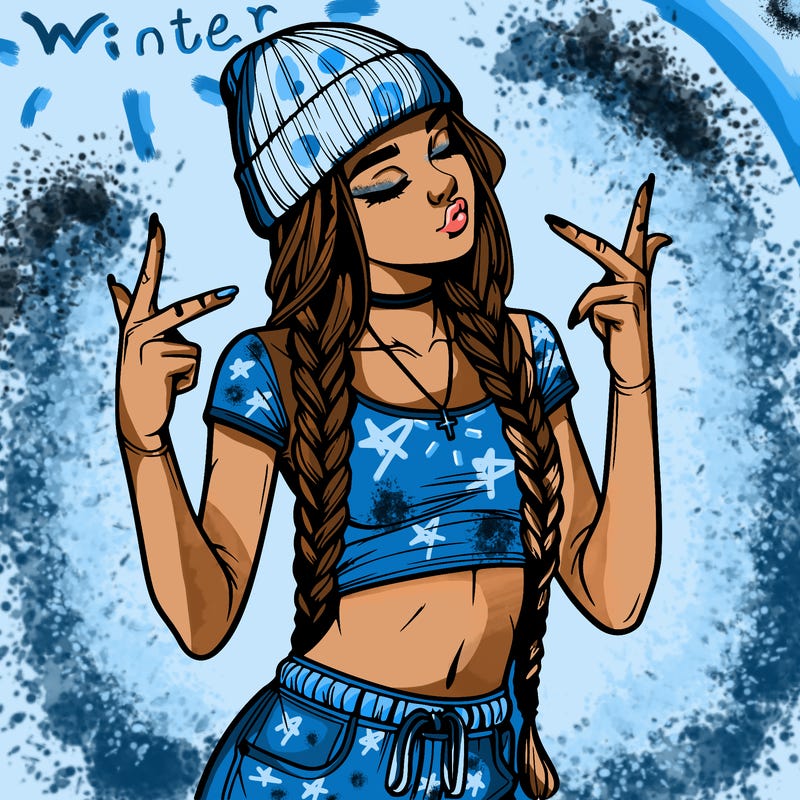 realistic teenage girl with braids and a beanie and crop top doing 🫶🏼