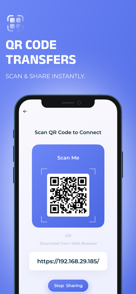 Nearby Share - File Sharing - Smartphone screen showing a QR code for instant file sharing and device connection