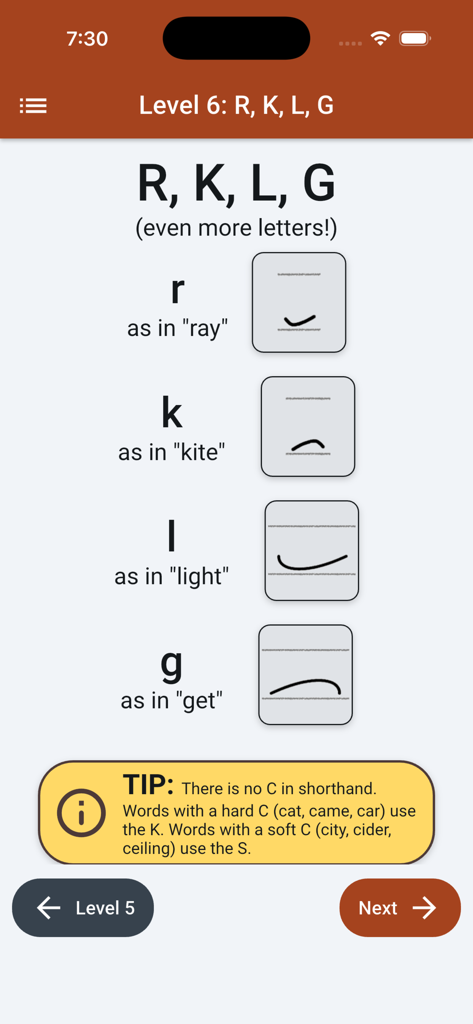 Shorthanded Gregg - Shorthanded Gregg app interface teaching shorthand strokes for the letters R K L and G with written examples
