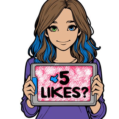 a realistic girl holding a sign saying 5 likes?