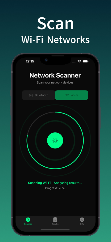 WiFi & Bluetooth Devices Scan - Interface of the WiFi and Bluetooth Devices Scan app showing a Wi-Fi network scan in progress with a circular radar animation and 78 percent completion.