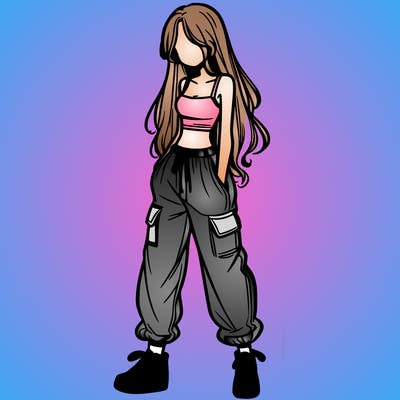 girl in baggy pants crop top and long hair