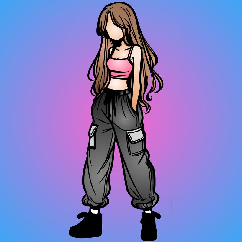 girl in baggy pants crop top and long hair
