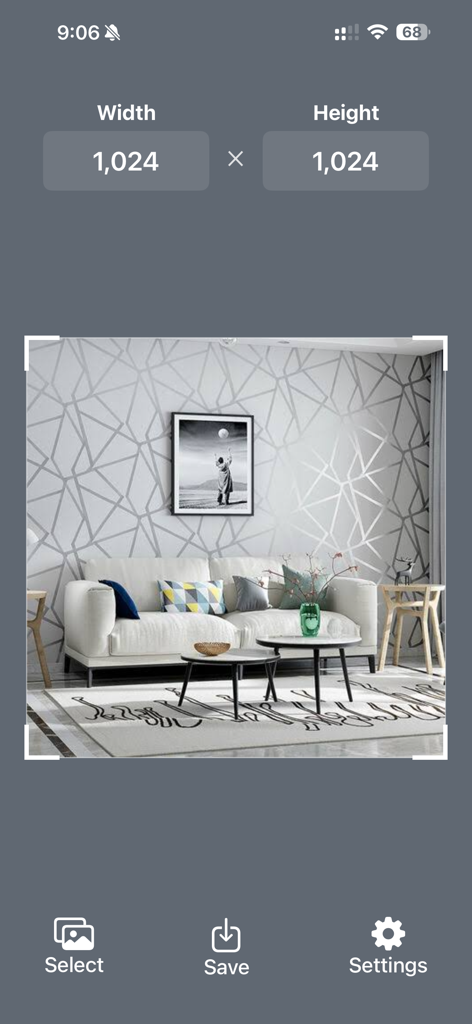 Interface of the Photo Size Editor app showing a photo of a living room being resized to 1024 by 1024 pixels.