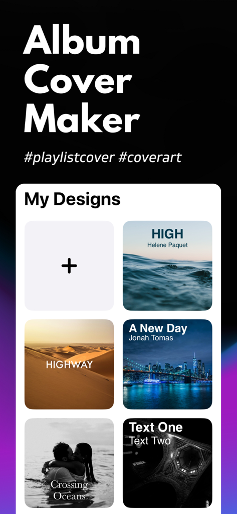 A collection of custom music album and playlist cover designs in the My Designs section of the Album Cover Maker app.