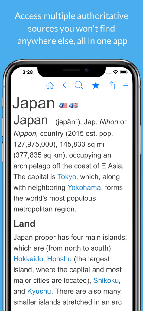 Smartphone-Bildschirm mit einem maßgeblichen Enzyklopädie-Eintrag für Japan in der Farlex-App.