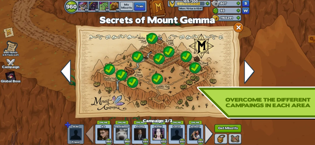 Miscrits - Miscrits campaign map of Mount Gemma showing completed mission locations