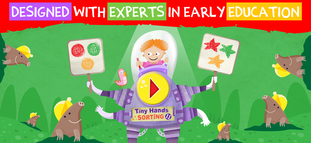 Baby Games: Ad-Free Learning - TinyHands Sorting 2 menu principale con un bambino che tiene in mano cartelli con forme e colori