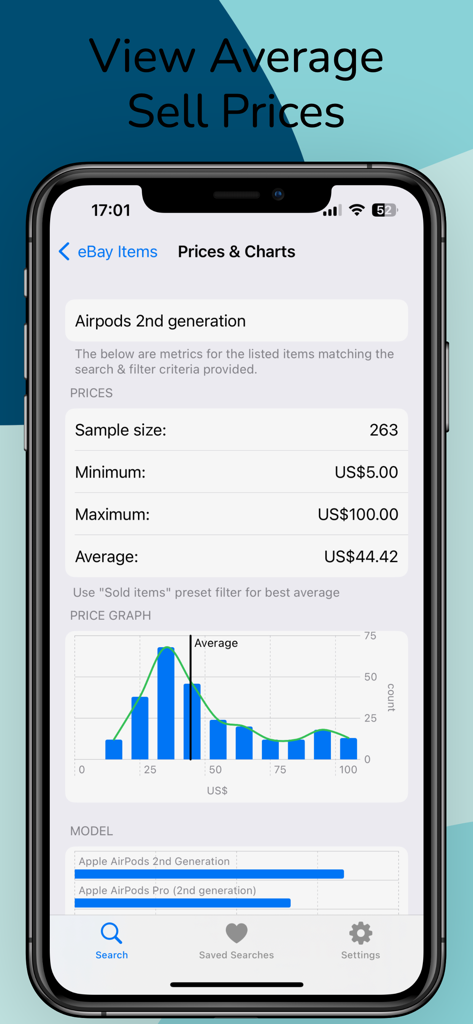Search for eBay - Interfaccia dell'app Cerca su eBay che mostra la distribuzione dei prezzi degli articoli venduti e metriche medie.