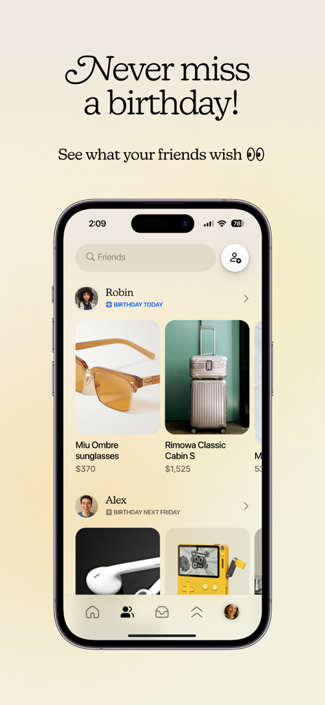 SpoilMe - Make a Wishlist - Interfaz de la aplicación SpoilMe que muestra recordatorios de cumpleaños de amigos y sus listas de deseos curadas con artículos como gafas de sol y equipaje.