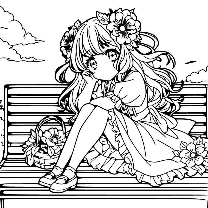 anime flower girl sitting on a bench in the sky