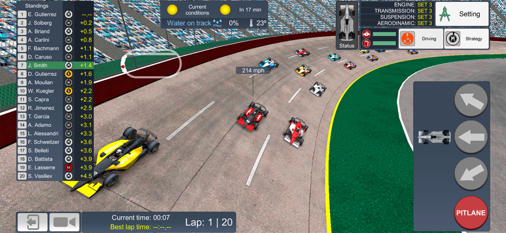 American Speedway Manager - A racing management game interface showing cars on an oval track and a leader board