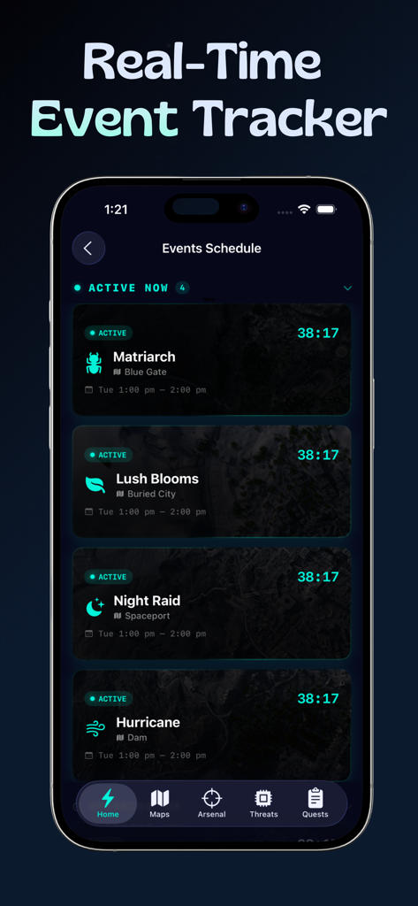 Raiders Map & Live Events - Mobile app interface showing the real-time event schedule for ARC Raiders with active mission countdowns