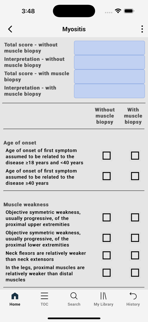 Guidelines And Criteria - Interactive Myositis classification criteria calculator screen
