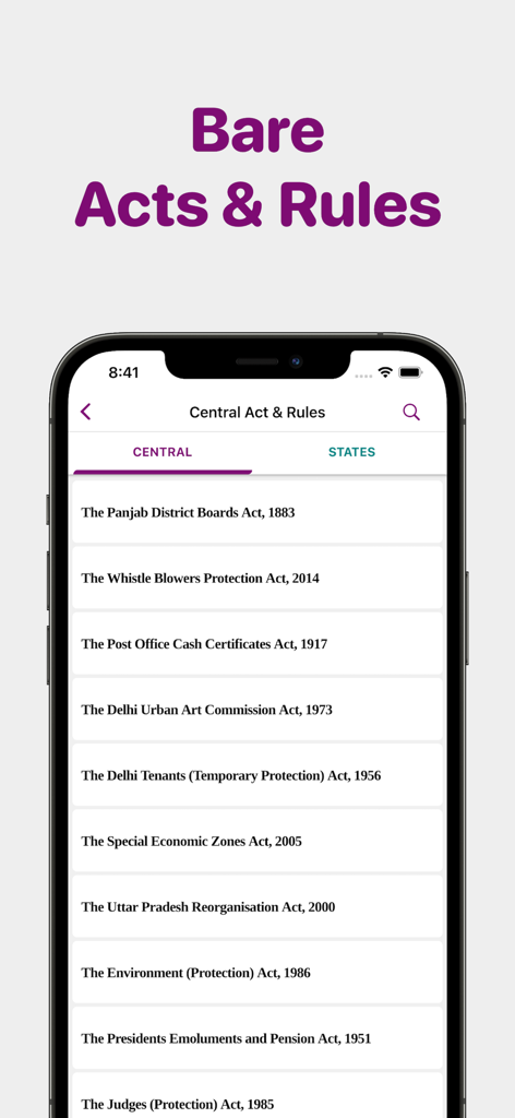 Law Trend app interface displaying a list of Indian central and state legal acts and rules.