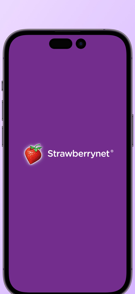 Strawberrynet- Beauty Shopping - Tela de introdução do aplicativo de compras de beleza Strawberrynet com logotipo de morango em fundo roxo