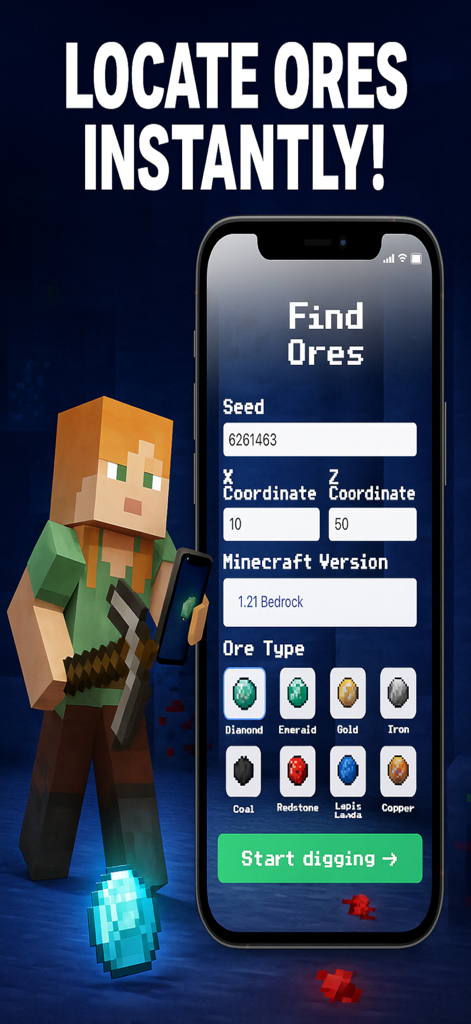 Diamond Finder Minecraft X-Ray - A mobile app interface for locating diamonds and ores in Minecraft using seeds and coordinates
