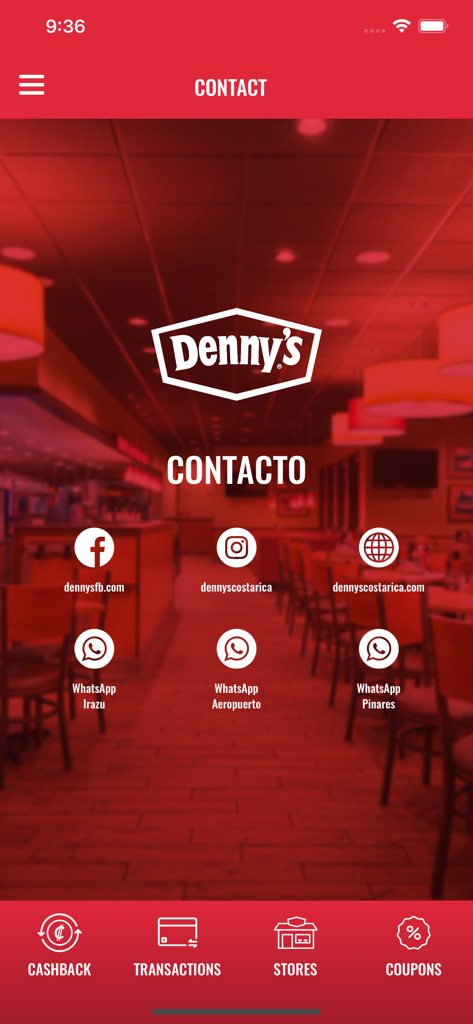 Denny's Costa Rica - Pantalla de contacto de la app móvil Denny's Costa Rica con enlaces de redes sociales y soporte de WhatsApp